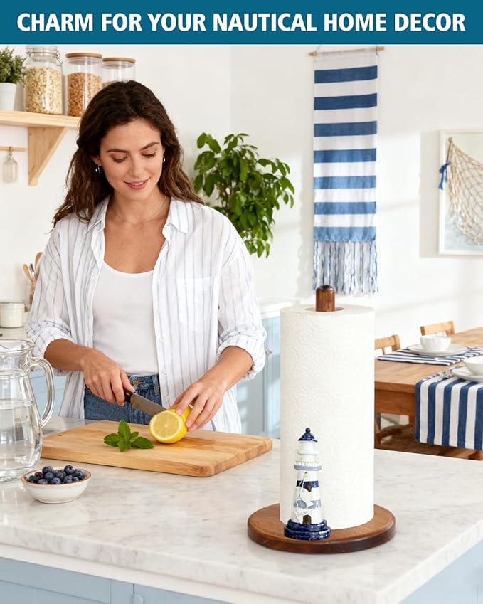 Lighthouse Paper Towel Holder, Nautical Coastal Beach Ocean Decor for Kitchen Bathroom Countertop, Freestanding Wooden Stand, Standard & Jumbo Rolls, Lighthouse Gift for Women
