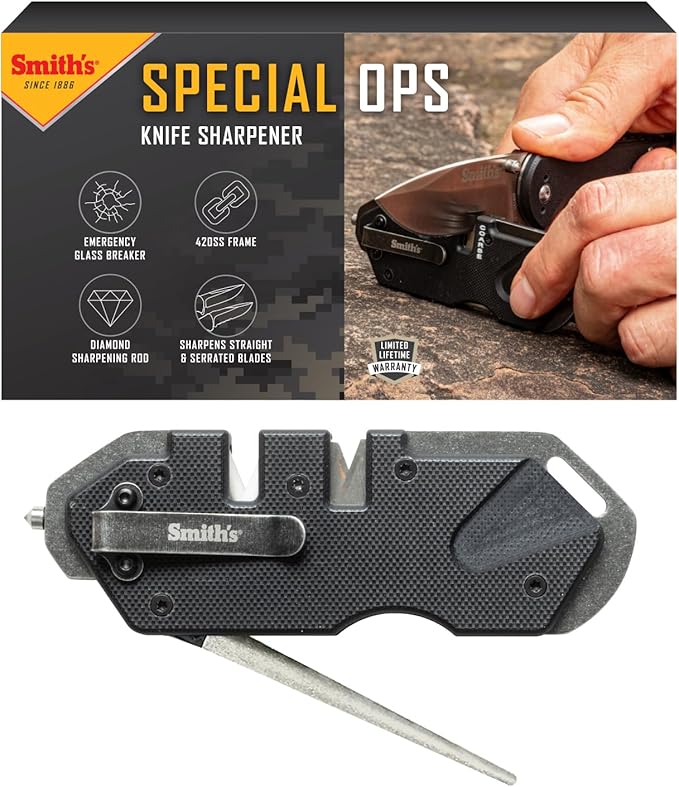 Smith’s Pocket Pal Tactical Knife Sharpener - 2 Stage Sharpener & Diamond Sharpening Rod - Pocket Clip - Outdoor Hunting Knife & Hook Sharpener - Compact & Lightweight by SmithsConsumerProductsInc