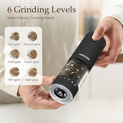 Newise Electric Salt & Pepper Grinder Set, Rechargeable with LED Light & External Coarseness Adjustment, Kitchen Gadgets for Mom Home Cooks & Families - Black