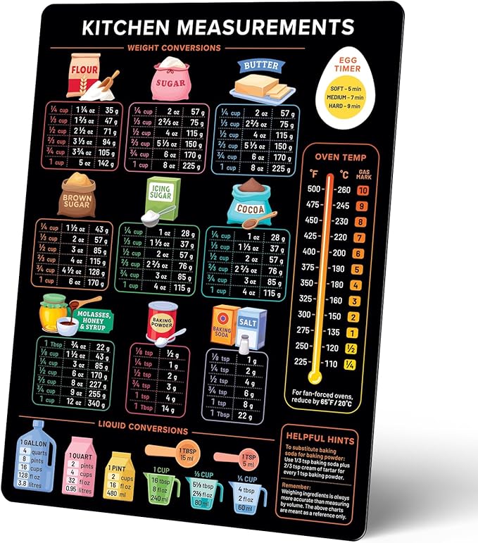Levain & Co Kitchen Conversion Chart Magnet - Dark for Easier Cooking & Baking - Vintage Useful Gadgets - Cute Accessories - Cooking & Baking Accessories - Gifts for Bakers by LevainCo