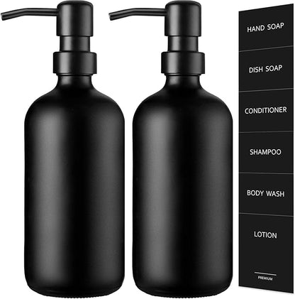 GMISUN Black Soap Dispenser, 2 Pack Matte Black Hand Soap Dispensers Bathroom with Stainless Steel Pump, 17 Fl Oz Glass Dish Soap Dispenser Set for Kitchen, Modern Liquid Soap Bottle with Labels by GMISUN