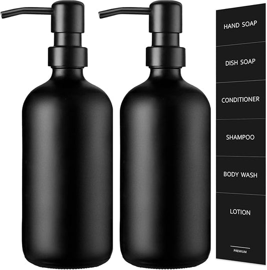 GMISUN Black Soap Dispenser, 2 Pack Matte Black Hand Soap Dispensers Bathroom with Stainless Steel Pump, 17 Fl Oz Glass Dish Soap Dispenser Set for Kitchen, Modern Liquid Soap Bottle with Labels by GMISUN