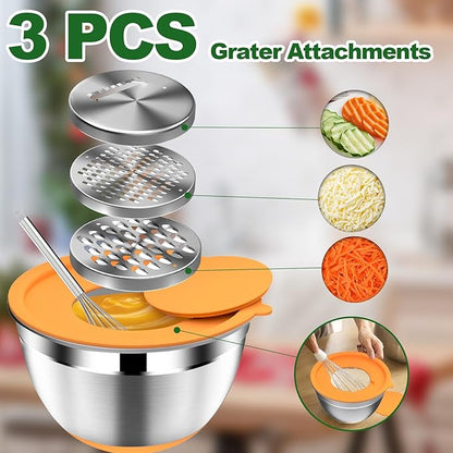 DUTZUN Mixing Bowls with Lids Set - 16pcs Stainless Steel Mixing Bowl Set with Colander, 3 Grater Attachments, Non-Slip Bottom, Metal Nesting Bowls with Strainer for Mixing & Serving - Multicolor - Image 4