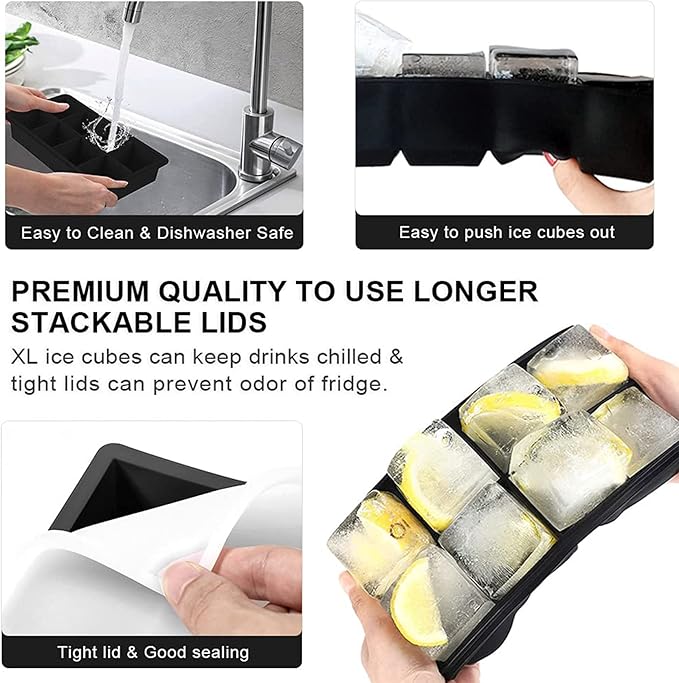 LessMo Ice Cube Tray with Lid - 2 Pack Large Silicone Ice Tray Molds for Freezer, BPA Free, Big Square Ice Cube for Whiskey, Cocktails, Baby Food, Juices - Image 4