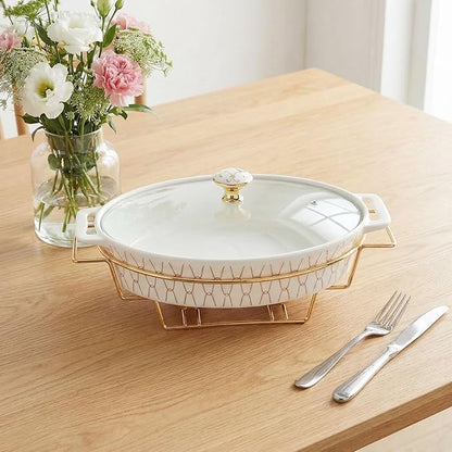 11" x 7.5" Ceramic Oval Casserole Dish with Glass Lid and Gold rack, 40 Ounce Serving Soup Tureen,Chafing Dish for Buffet, Family Food preserve Tray, Catering Casserole for Party Style, White