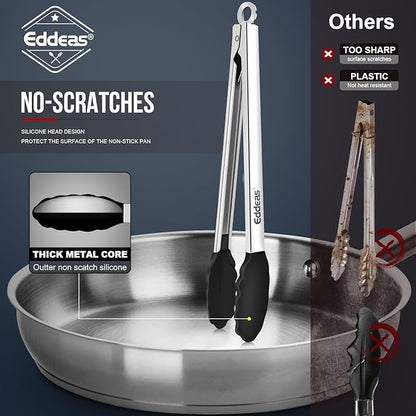 Kitchen Tongs with Silicone Tips, Heat Resistant 600 Degrees All Metal handle Locking Tongs For Cooking with Rubber Tips, Heavy Duty Stainless steel Food Tongs, Set of 3-7" 9" & 12" Black - Image 3