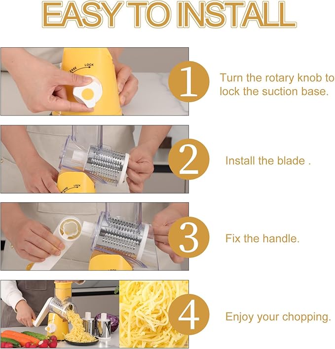Ourokhome Rotary Cheese Grater Hand Crank, Kitchen Shredder Speed Mandolin Slicer Nut Grinder with Handle and Drum Blades for Cheese, Vegetable, Walnut, Chocolate, Potato, Carrot, 3 Blades, Yellow - Image 6
