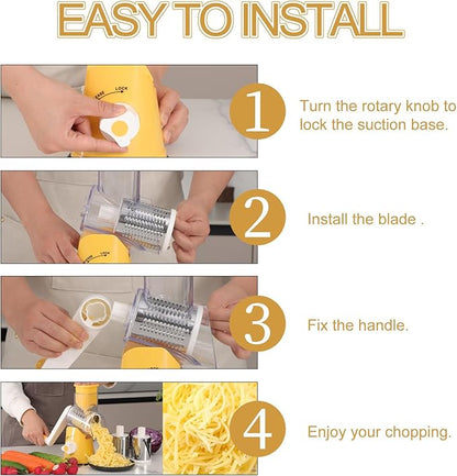 Ourokhome Rotary Cheese Grater Hand Crank, Kitchen Shredder Speed Mandolin Slicer Nut Grinder with Handle and Drum Blades for Cheese, Vegetable, Walnut, Chocolate, Potato, Carrot, 3 Blades, Yellow - Image 6