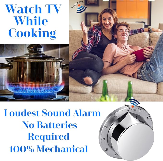 Albayrak Kitchen Timer, Chef Cooking Timer Clock with Loud Alarm, No Batteries Required, 100% Mechanical - Magnetic Backing, Exquisite Stainless Steel Body - Countdown Reminder - Silver 1Pack - Image 6