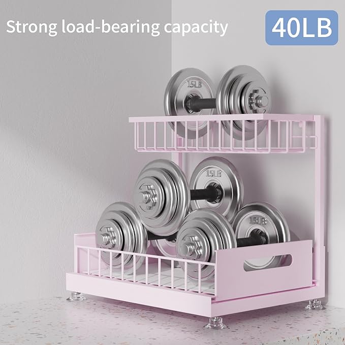 Saydear Under Sink Organizer Storage 2-Tier Premium Metal Pull-Out Kitchen Cabinet Organizer with Sliding Drawer, Height Adjustable, Heavy Duty for Kitchen & Bathroom Organizers 1 Pack Pink - Image 4
