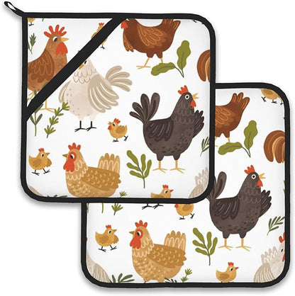 Cute Roosters Pot Holder Set of 2,Heat Resistant Potholders Oven Hot Pads for Kitchen Cooking Baking BBQ