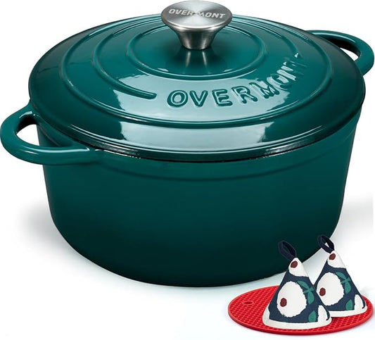 Overmont Enameled Cast Iron Dutch Oven - 5.5QT Pot with Lid Cookbook & Cotton Potholders - Heavy-Duty Cookware for Braising, Stews, Roasting, Sourdough Baking bottle green by Overmont