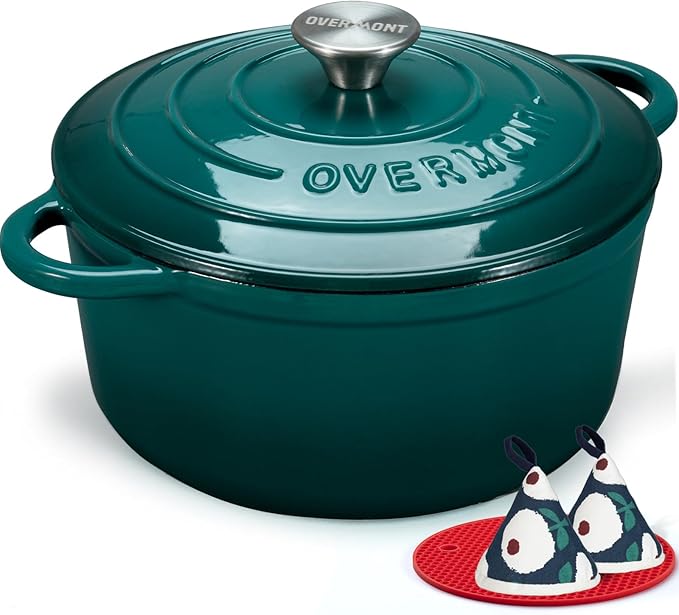 Overmont Enameled Cast Iron Dutch Oven - 4.5QT Pot with Lid Cookbook & Cotton Potholders - Heavy-Duty Cookware for Braising, Stews, Roasting, Sourdough Baking bottle green by Overmont