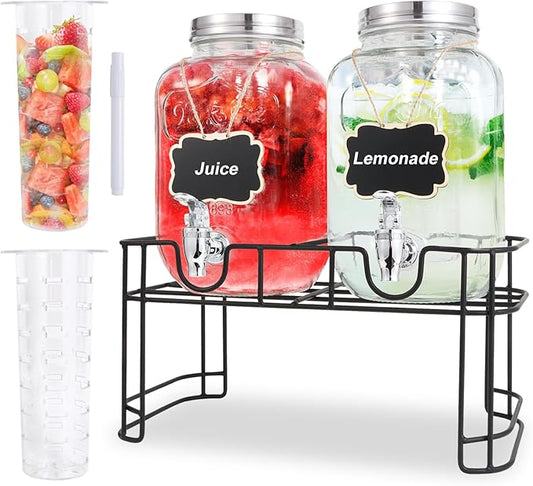 1 Gallon Glass Drink Dispensers For Parties-Set of 2,Drink Dispenser with Fruit Infuser & Stand,Juice or Beverage Dispenser for BBQ, Picnic, Party,Laundry Detergent Dispenser by MRKIANGCI