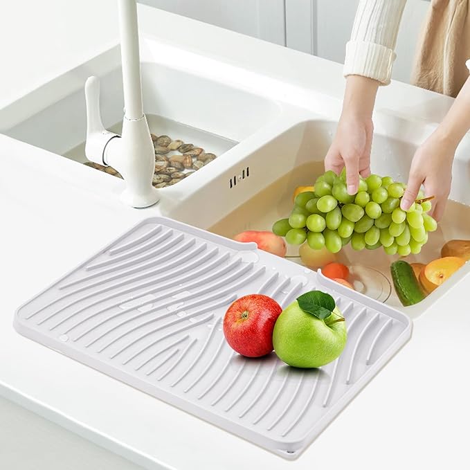 TIKNIK Silicone Dish Drying Mat, Stone Drying Mat for Kitchen Counter with Built-In Drain, Non-Slip Drain Pad with Built-in Drain, Heat Resistant Stone Drying Mat, Hangable, White-1pcs, 16" x 12" - Image 7