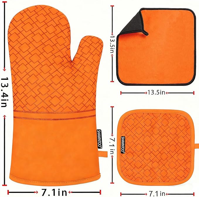 Oven Mitts and Pot Holders Sets 6pcs, Kitchen Oven Glove,High Heat Resistant 550 Degree Extra Long Oven Mitts and Potholders with Non-Slip Silicone Surface for Home Essentials (Grey) (Pumpkin Orange) - Image 2