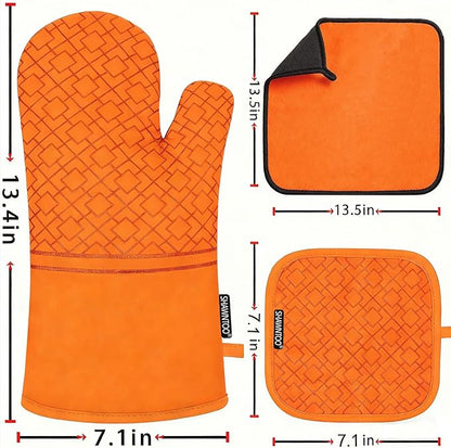 Oven Mitts and Pot Holders Sets 6pcs, Kitchen Oven Glove,High Heat Resistant 550 Degree Extra Long Oven Mitts and Potholders with Non-Slip Silicone Surface for Home Essentials (Grey) (Pumpkin Orange) - Image 2