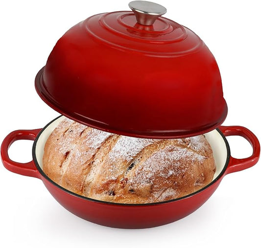 Enameled Cast Iron Bread Oven, Dutch Oven Pot with Lid, 10" Bread Dutch Oven for Sourdough Bread Baking, 6 Quarts Bread Pan with Dome Lid, Non-stick Cookware for Homemade Bread, Red