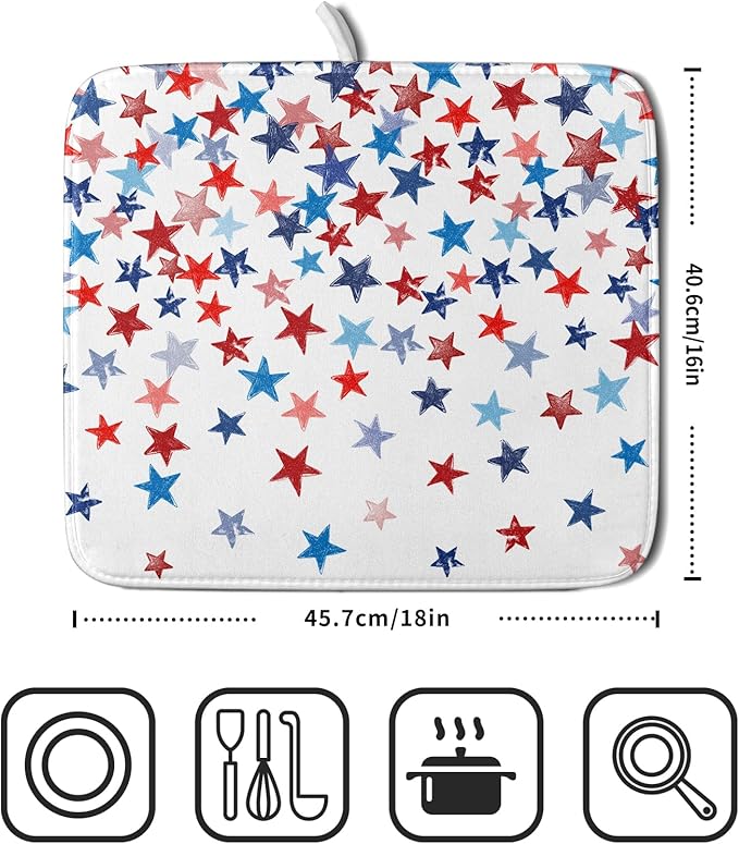 4th of July Dish Drying Mat for Kitchen Counter Patriotic Holiday Microfiber Absorbent Dish Draining Reusable Washable Foldable 16"x18" - Image 2