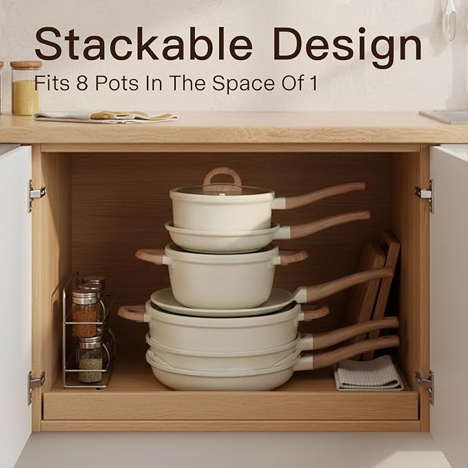Pots and Pans Set Non Stick Non-Toxic 22 Pcs Ceramic Cookware Sets Nonstick Kitchen Pot&Pan With Lid Cream White Granite Induction Compatible with Glass Lids Crepe Frying Pan PFOA/PFOS-Free - Image 7