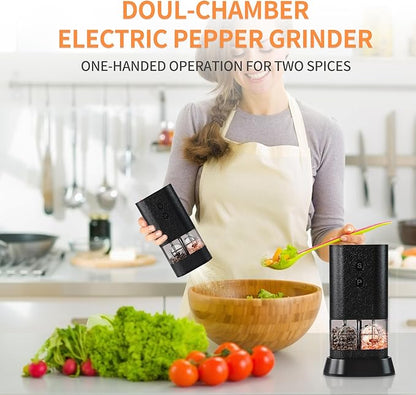 Dual Chamber Electric Pepper and Salt Grinder,Rechargeable Salt and Pepper Grinder Set USB-C,One-Handed Automatic Spice Mill Grinds Two Spice,Large Refillable,Ceramic Adjustable Coarseness for Kitchen