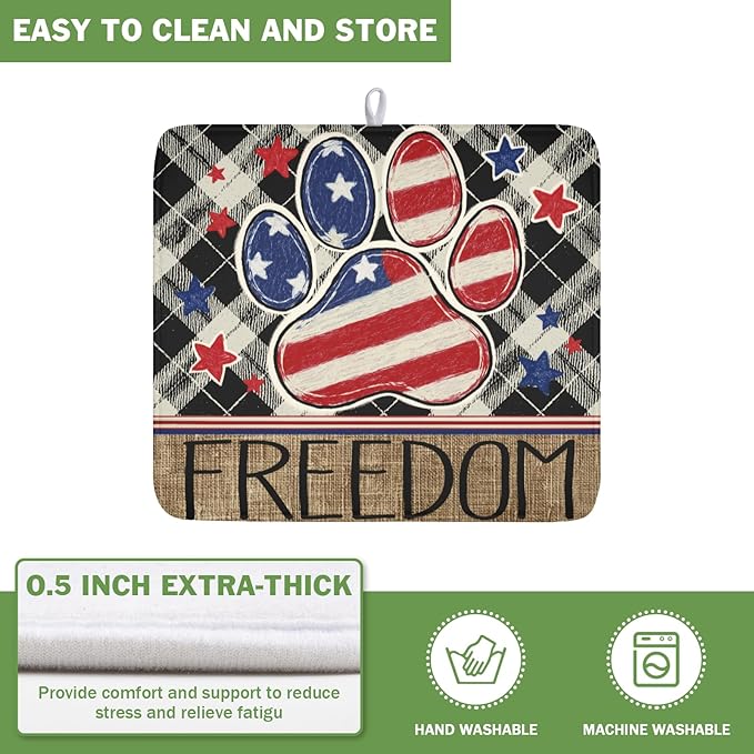4th of July Dish Drying Mat 18x16 Inch, Patriotic Drying Mat with Absorbent Reversible Microfiber, Independence Day Dish Drainer Mats Memorial Day Rack Pad for Coffee Countertop Kitchen Protector