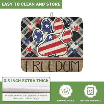 4th of July Dish Drying Mat 18x16 Inch, Patriotic Drying Mat with Absorbent Reversible Microfiber, Independence Day Dish Drainer Mats Memorial Day Rack Pad for Coffee Countertop Kitchen Protector