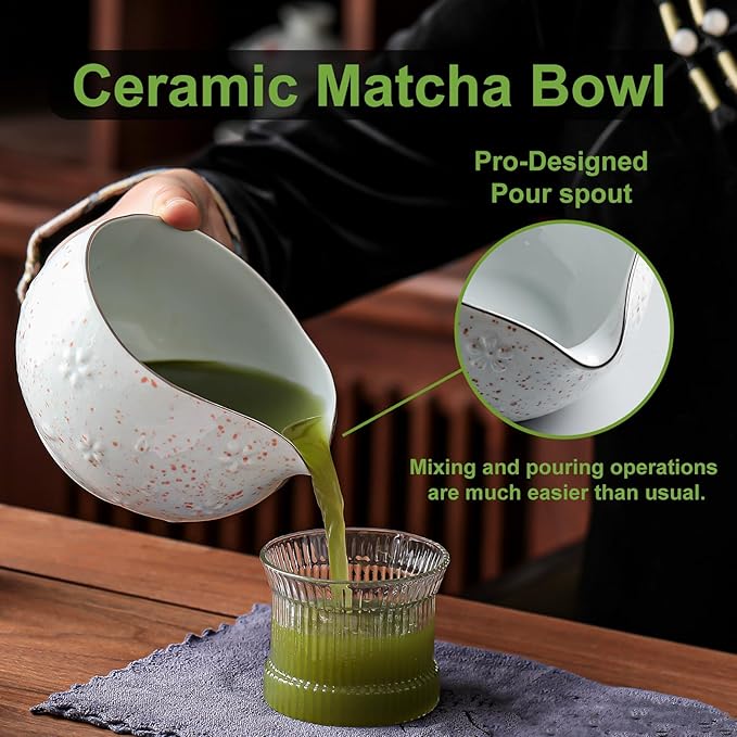 Matcha Whisk Set, 9 pcs Ceramic Matcha Set, Gifts for Women,Matcha Bowl with Spout and Whisk, Matcha Kit for Matcha Lovers, Ideal Gift Christmas, Birthday, Anniversary (Cherry Bloom-Red Spot) - Image 4