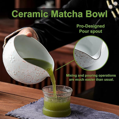 Matcha Whisk Set, 9 pcs Ceramic Matcha Set, Gifts for Women,Matcha Bowl with Spout and Whisk, Matcha Kit for Matcha Lovers, Ideal Gift Christmas, Birthday, Anniversary (Cherry Bloom-Red Spot) - Image 4