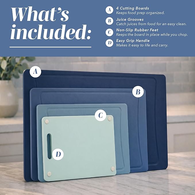 COOK WITH COLOR Non-Slip Cutting Board Set – Kitchen Essentials with Easy Grip Handle for Meat, Veggies, and Fruits, 4 Cutting Boards, Blue-New - Image 2