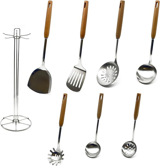 Cooking Utensils Set, 8-Piece 304 Stainless Steel Kitchen Tool Sets with Holder, Wooden Handle Heat Resistant Kitchen Cookware Set, Gadgets Tools Set Gift by Welcome