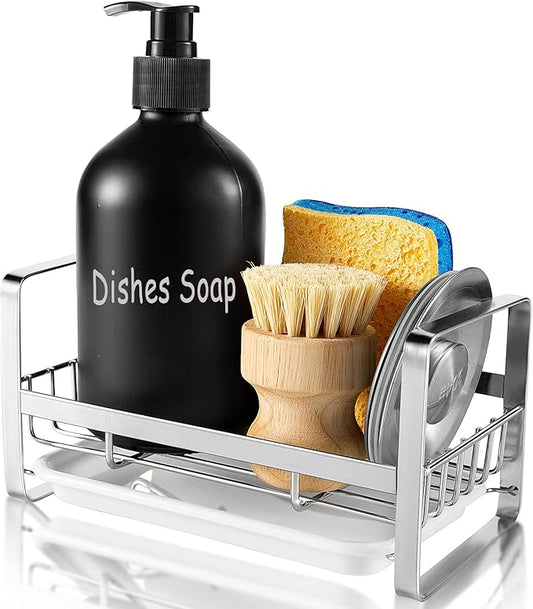 TEZZ Sponge Holder for Kitchen Sink, Stainless Steel Kitchen Storage Sink Caddy for Organizing Sponge, Brush & Dish Soap Dispenser, Sink Organizer Rack with Adhesive or Counter top, Silver by TEZZ
