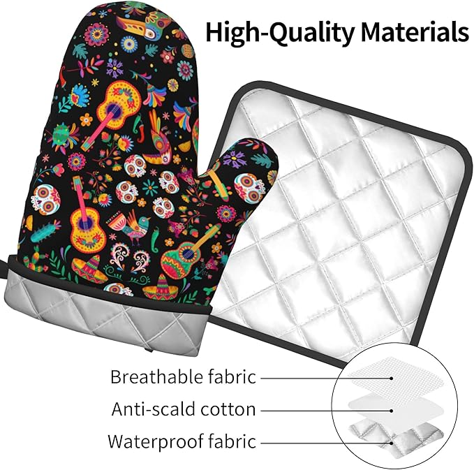 Mexican Oven Mitt Potholders Sets - Mexico Kitchen Mitts and Pot Holders Set of 2 Floral Skull Oven Gloves Hot Pads for Cooking Baking Grilling - Image 4