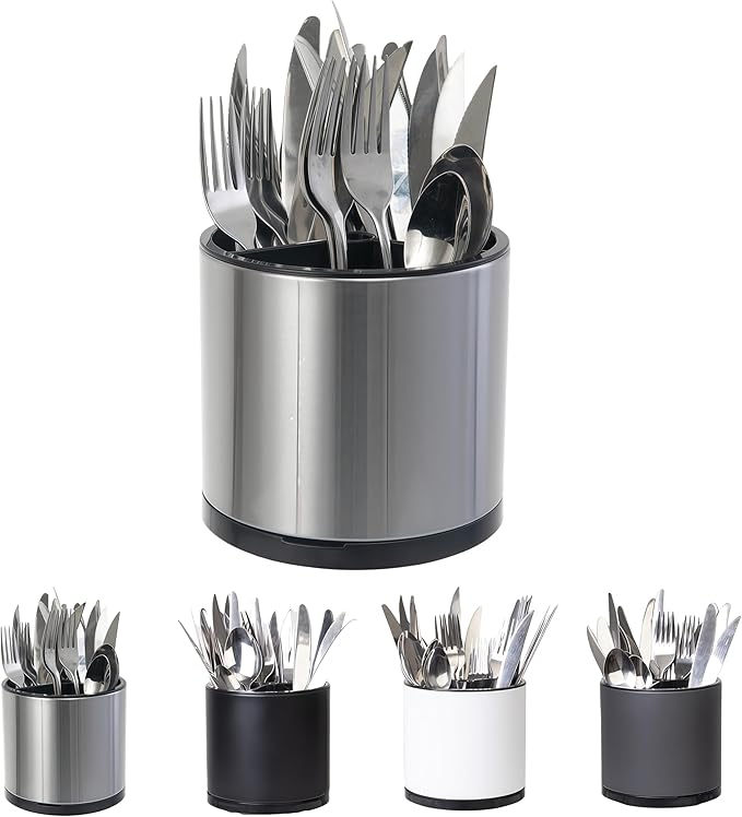 LIBODOUR Kitchen Utensil Holder Extra Large 360°Rotating For Counter Organizer Stainless Steel Storage Cooking Silverware Caddy 3 Compartment Flatware Spoon Spatula Tool Cutlery Container by ModernandFarmhouseUtensilHolder
