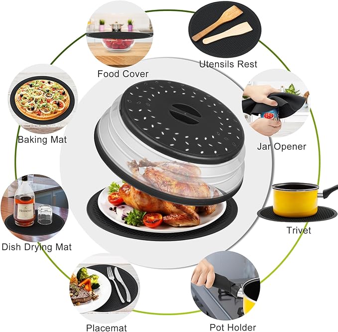 12"&10" Microwave food Cover and Mat,Large Vented Collapsible Splatter Guard dish Plate lid & Silicone Round Kitchen mat,4 in 1 - Image 7