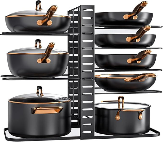 MUDEELA Pots and Pans Organizer Rack under Cabinet 14.55in Height, 8-Tiers Adjustable Pot Rack with 3 DIY Methods, Pot Lid Organizer inside Cabinet for Kitchen Pantry Organization and Storage by MUDEELA