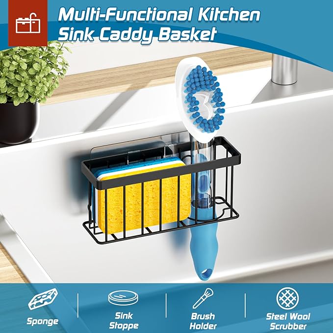 MURLONG Sponge Holder for Kitchen Sink,Sink Caddy Organizer with Suction Cups/Adhesive Strips,Dish Sponge Holder Design for Sponges,Scrubber,Stoppers-Black - Image 5