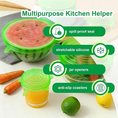 Silicone Stretch Lids – 6 Pack Reusable Food Covers,Flexible Silicone for Bowls, Containers, Fruits – Airtight & Leakproof Seal for Kitchen Storage(green)