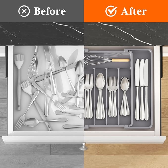 Lifewit Silverware Drawer Organizer, Expandable Utensil Tray for Kitchen, BPA Free Flatware and Cutlery Holder, Adjustable Plastic Storage for Spoons Forks Knives, 8.5-14 x 12", Gray - Image 4