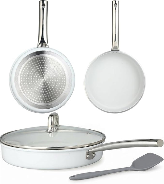 5Pcs Nonstick Cookware Set, Aluminum Nonstick Pots and Pans with Glass Lids, All Stovetops Compatible, Non-toxic Healthy Kitchen Cooking Sets, PFAS and PFOA Free