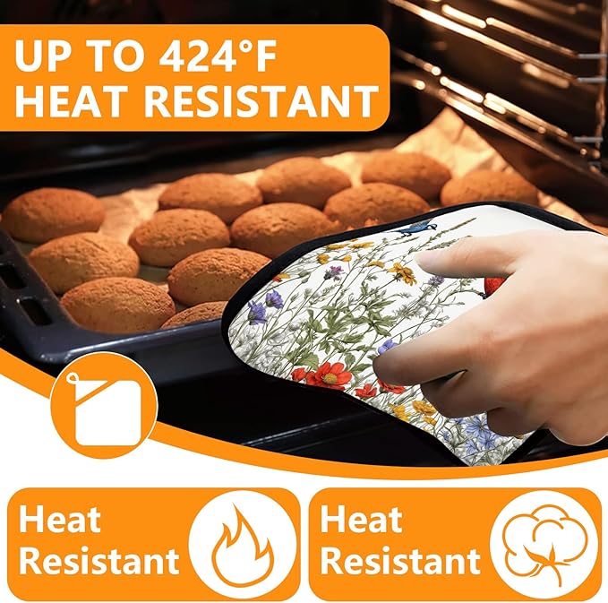 Wildflowers Birds Oven Mitts and Pot Holders Sets 4Pcs,Extra Long Oven Gloves Potholder for Kitchen Cooking Baking BBQ 100% Cotton Heat Resistant - Image 4