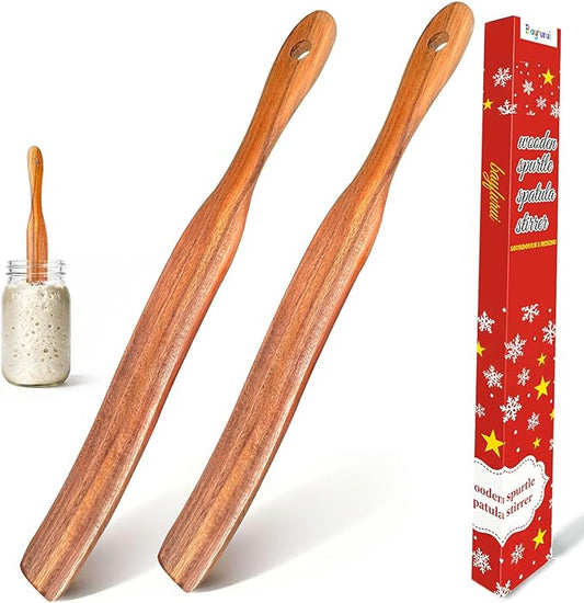 2pcs Wood Spurtle for Sourdough Starter, Mixing, Stirring, Reaching Bottom of Jar, Dough Whisk,Skinny Sourdough Spurtles Spatula Wooden Spoon Bread Making Tools Kitchen Gadget Gift for Mom