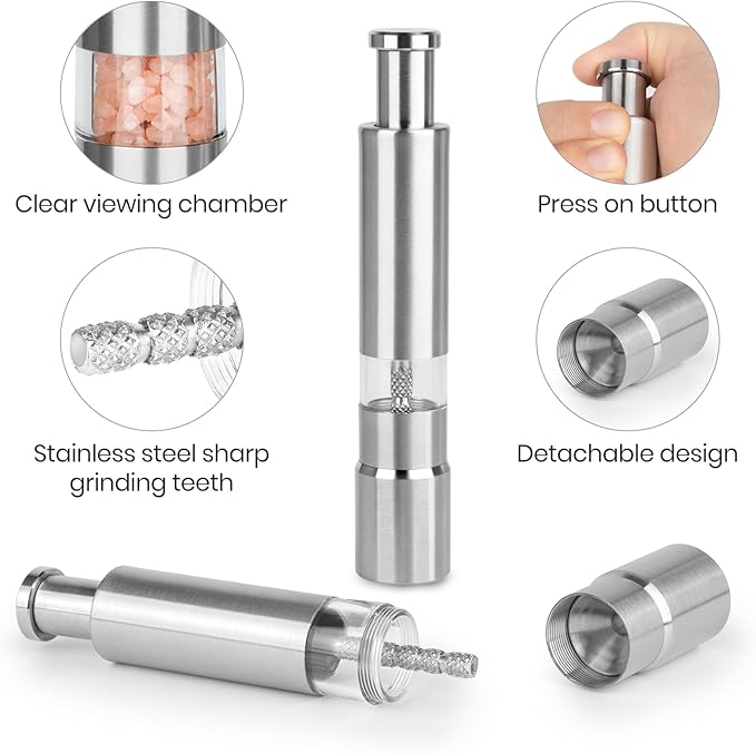 Salt and Pepper Grinder Set,Small Stainless Steel Manual Salt Grinder,Thumb Refillable Mini Salt Grinders Shakers With Base For Kitchen, Home, Travel, Camping, Cooking(Silvery)