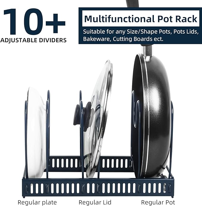 ROOHUA Expandable Pot and Pan Organizer - Cabinet Pot Lid Holder with 10 Adjustable Compartments for Cookware, Baking, Frying (Dark Blue, 10) - Image 3