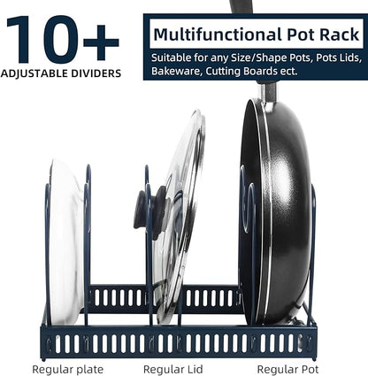 ROOHUA Expandable Pot and Pan Organizer - Cabinet Pot Lid Holder with 10 Adjustable Compartments for Cookware, Baking, Frying (Dark Blue, 10) - Image 3
