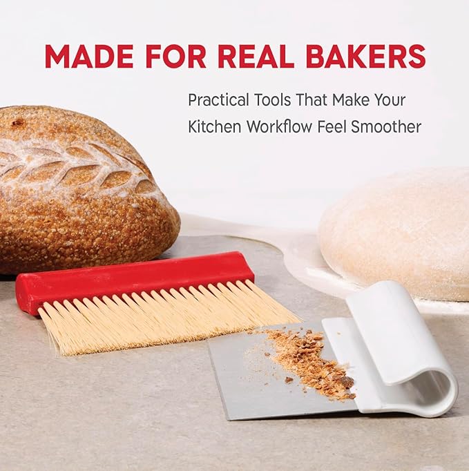 KneadAce Dough Scraper & Baker’s Brush Set. Stainless Steel Bench Scraper & Flour Cleaning Brush. Kitchen Tool for Pastry, Sourdough and Baking Prep Bread Dough Cutter, Gift For Bakers (White/Red) - Image 8