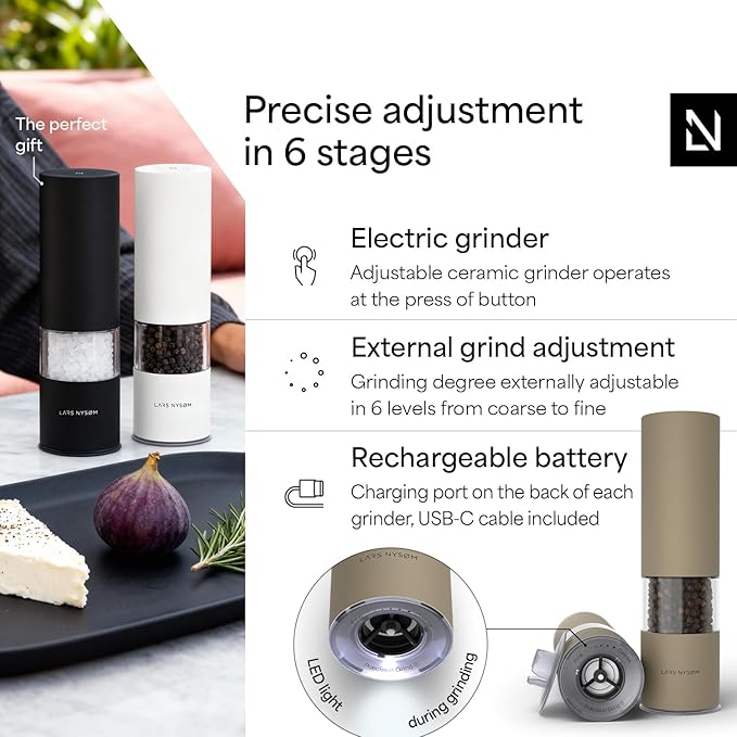 LARS NYSØM Electric Salt and Pepper Grinder Set I Automatic Salt and Pepper Mills with Adjustable Ceramic Grinder I USB Rechargeable Electric Spice Mill Set with LED Light (Taupe Brown) - Image 2