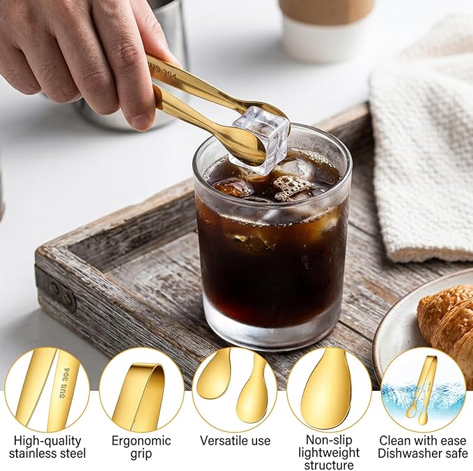 8PCS Ice Tongs, Gold Mini Metal Tongs, 4.3 Inch Stainless Steel Tiny Tong, Small Serving Tong for Serving Food, Ice, Sugar Cube, Salad, Desserts, Kitchen Accessories for Coffee Bar, Buffet, Tea Party