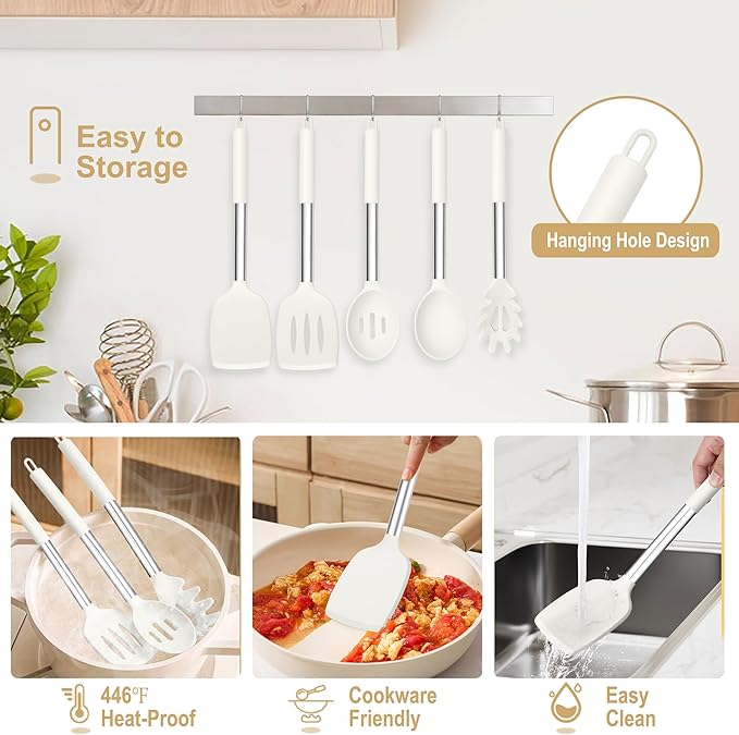 TeamFar Cooking Utensils Set, 5 Pcs Silicone Kitchen Utensils with Stainless Steel Handle, for Nonstick Cookware Flipping Frying Turning Draining, Heatproof & Healthy, Healthy & Easy Clean, White - Image 6