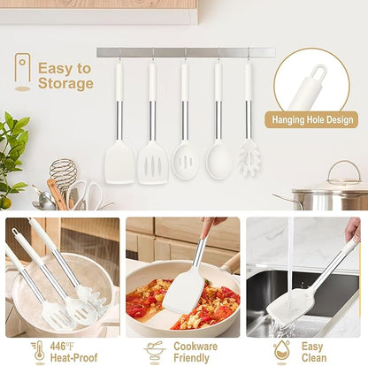 TeamFar Cooking Utensils Set, 5 Pcs Silicone Kitchen Utensils with Stainless Steel Handle, for Nonstick Cookware Flipping Frying Turning Draining, Heatproof & Healthy, Healthy & Easy Clean, White - Image 6